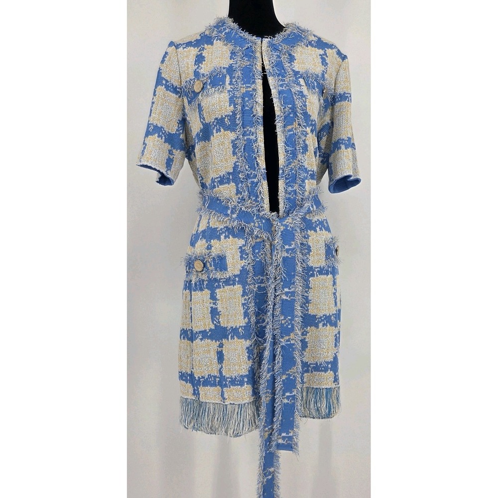 Misook Fringe Tweed Belted Long Cardigan Medium Blue Yellow White Gold Buttons